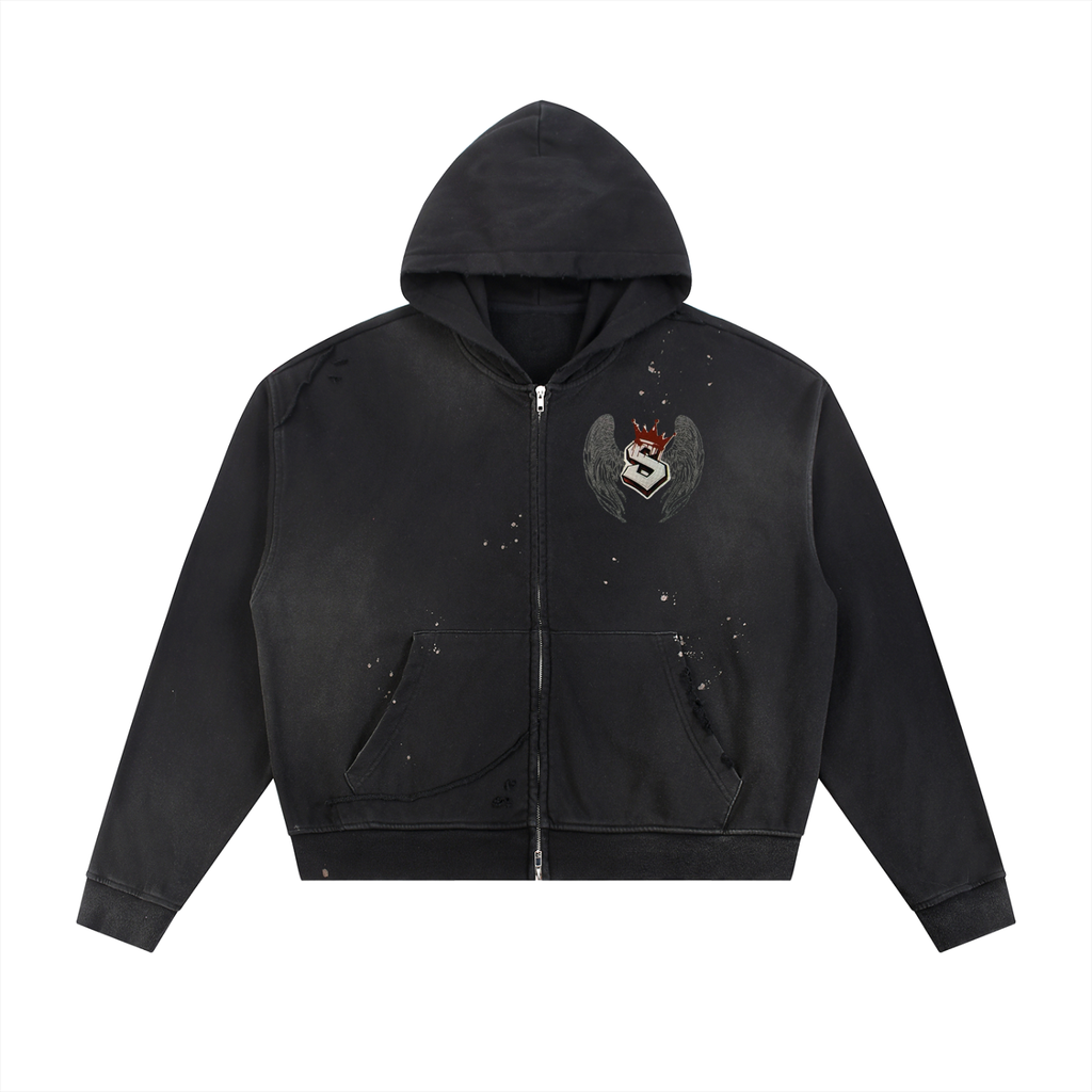 Sun Fade Frayed Raw Edge Fleece Zip Hoodie